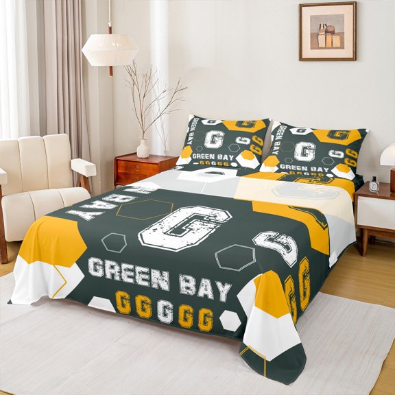 Manfei 4-Piece Queen Sheet Set with Initial Letter G and Green Bay Green Orange Geometric