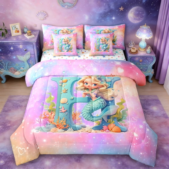 Manfei Initial Letter H Twin Bedding Sets 7-Piece,Cartoon Animal Mermaid Bedding Comforter Set,Pink Starry Sky Sheet Sets For Girl,Breathable Bedroom Decoration Reversible