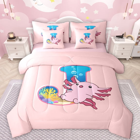 Manfei Initial Letter J 7-Piece Bedding Comforter Set,Cute Axolotl Salamander King Bedding Sets,Pink Ocean Animal Bed Sheets For Girl,Breathable Bedroom Decoration Reversible