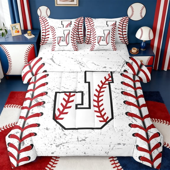 Manfei Initial Letter J 7-Piece Twin Bedding Sets,Baseball Sport Bedding Comforter Set,Ball Gamer Gaming Sheet Sets For Boys Kids,Breathable Bedroom Decoration Reversible