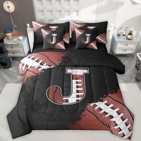 Manfei Initial Letter J 7-Piece Twin Bedding Sets,Football Sport Lovers Bedding Comforter Set,Rugby Gamer Gaming Sheet Sets For Kids,Breathable Bedroom Decoration Reversible