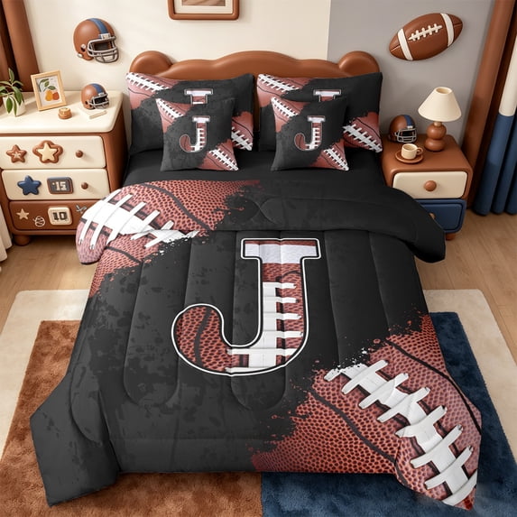 Manfei Initial Letter J 7 Pieces Bedding Comforter Set,Football Sport Lovers Full Bedding Set,Rugby Gamer Gaming Fitted Sheet Flat Sheet For Kids,Breathable Bedroom Decoration Reversible