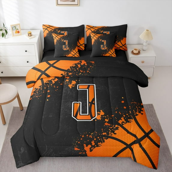 Manfei Initial Letter J Bedding Comforter Set 7pcs,Basketball Sports Queen Bedding Sets,Balck Orange Queen Sheet Sets For Boys,Breathable Bedroom Decoration,Reversible