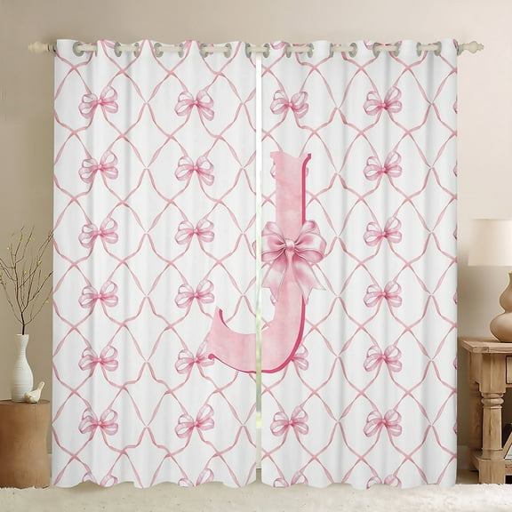 Manfei Initial Letter J Curtains Pack of 2 (38x54),Cute Bowtie Black Out Curtains,Pink White Curtains for Living Room For Girls,Breathable Bedroom Decoration