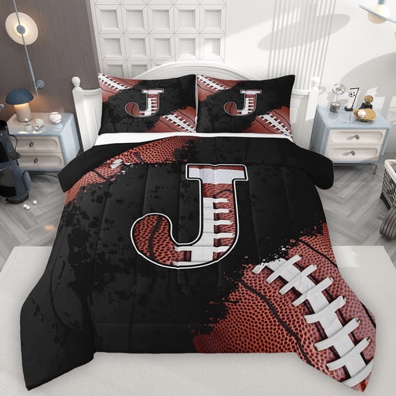 Manfei Initial Letter J Full Size Comforter Sets,Football Sport Lovers Bedding Comforter Set,Rugby Gamer Gaming Bedding Sets For Kids,Breathable Bedroom Decoration Reversible,3-Piece