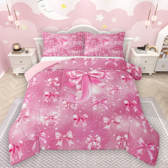 Manfei Initial Letter J Full Size Comforter Sets,Kawaii Bowtie Ribbon Bedding Comforter Set,Pink Bow Knot Bedding Sets For Girl,Breathable Bedroom Decoration Reversible,3pcs