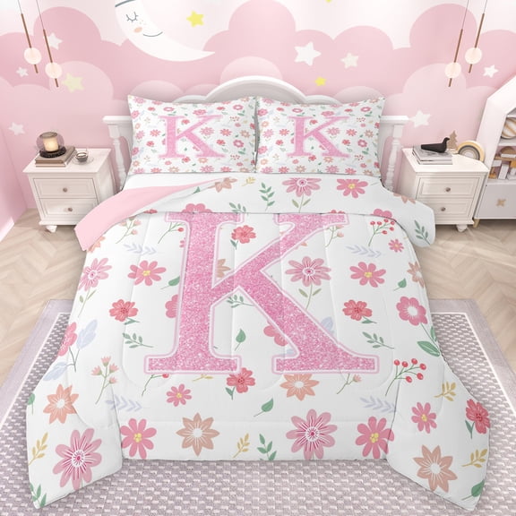 Manfei Initial Letter K Bedding Comforter Set,Pink Sequin Print Twin Comforter Sets,Cute Flower Floral Bedding Set For Girl Kids,Breathable Bedroom Decoration Reversible,2pcs
