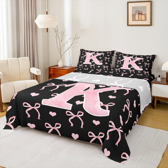 Feelyou Initial Letter K Full Size Sheets, Pink Princess Bed Sheets, Cartoon Bow Sheet Sets, Lightweight Room Decorative, 4-Piece
