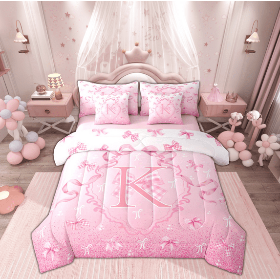 Manfei Initial Letter K Twin Bedding Sets 7-Piece, Cute Princess Bowknot Bedding Comforter Set, Teens Boys Girls Kids Reversible Sheet Sets, Microfiber Bedroom Decor