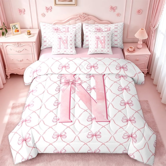 Manfei Initial Letter N Bedding Twin Size,Cute Bowtie Comforter Sets with Sheets,Pink White Bedding Sets Twin Size For Girls,Breathable Bedroom Decoration Reversible,7pcs