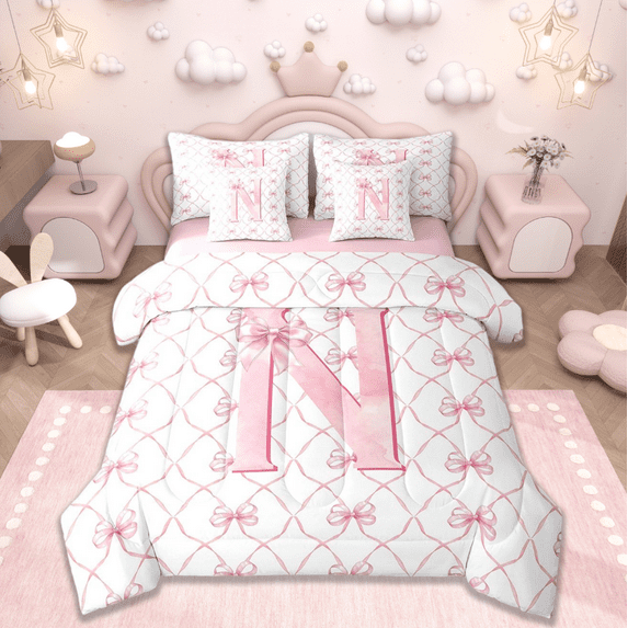 Manfei Initial Letter N Bedding Twin Size,Cute Bowtie Comforter Sets with Sheets,Pink White Bedding Sets Twin Size For Girls,Breathable Bedroom Decoration Reversible,7pcs