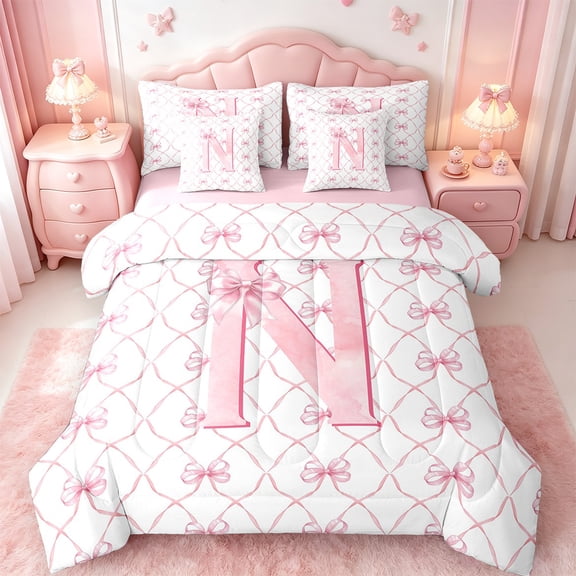 Manfei Initial Letter N Bedding Twin Size,Cute Bowtie Comforter Sets with Sheets,Pink White Bedding Sets Twin Size For Girls,Breathable Bedroom Decoration Reversible,7pcs