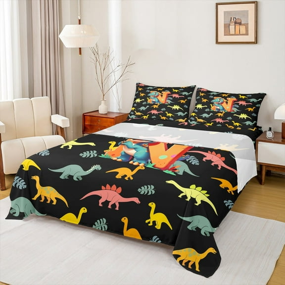 Manfei Initial Letter N Twin Sheet Sets,Cute Dinosaur Twin Fitted Sheet,Pink Black Flat Sheet For Boys,Breathable Bedroom Decoration,3-Piece