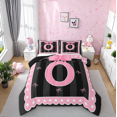 thumbnail image 1 of Manfei Initial Letter O Bedding Sets Full with Comforter,Cute Bowtie Duvet Insert,Pink Black Comforter Sets Full Size For Girls,Breathable Bedroom Decoration Reversible,3pcs, 1 of 8