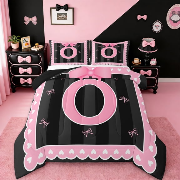 Manfei Initial Letter O Bedding Twin Comforter Set,Cute Bowtie Down Comforter,Pink Black Bedding Sets Twin with Comforter For Girls,Breathable Bedroom Decoration Reversible,2 Pieces