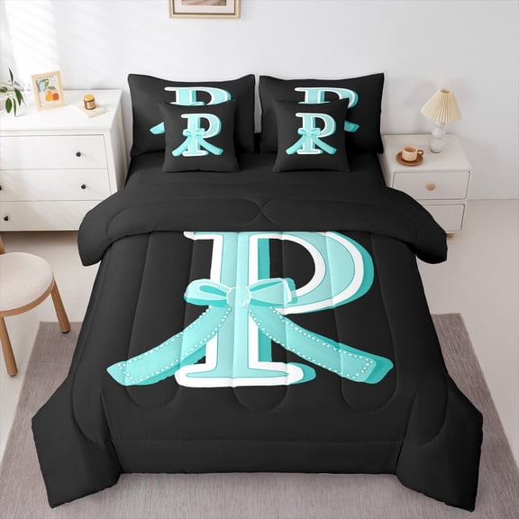 Manfei Initial Letter P Bedding Comforter Set 7pcs, Monogrammed A to Z Queen Bedding Sets, Kawaii Princess Bow Reversible Queen Sheet Sets, Ultra Soft Home Decor