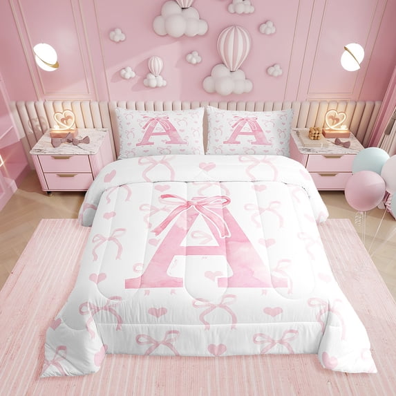 Manfei Initial A Letter Queen Comforter Set for Girl, Pink Princess Bowknot Bedding Sets, Cartoon Love Heart Reversible Bedding Comforter Set, Microfiber Bedroom Decor, 3pcs