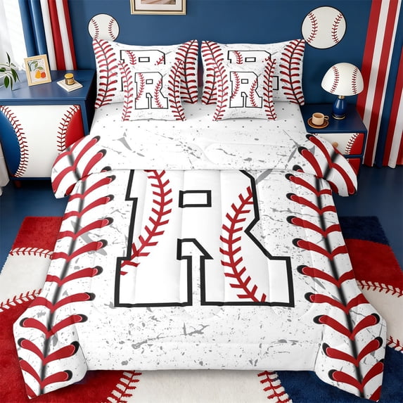 Manfei Initial Letter R 7-Piece Bedding Comforter Set,Baseball Sport King Bedding Sets,Ball Gamer Gaming Bed Sheets For Boys Kids,Breathable Bedroom Decoration Reversible
