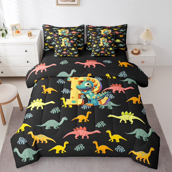 Manfei Initial Letter R Bedding Comforter Set 7 Pieces,Cute Dinosaur King Bedding Sets,Pink Black Bed Sheets For Boys,Breathable Bedroom Decoration Reversible