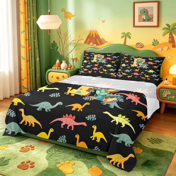 Manfei Initial Letter R Twin Sheet Sets,Cute Dinosaur Twin Fitted Sheet,Pink Black Flat Sheet For Boys,Breathable Bedroom Decoration,3 Pieces