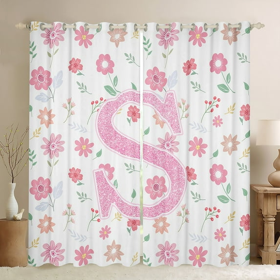 Manfei Initial Letter S Black Out Curtains,Pink Sequin Print Curtains Pack of 2 (42x63 Each),Cute Flower Floral Bedroom Curtains For Girl Kids,Breathable Bedroom Decoration