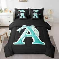 Manfei Initial A Letter Twin Bedding Sets 7-Piece for Kid, Princess Cyan Bowknot Bedding Comforter Set, Kawaii Cute Cartoon Reversible Sheet Sets, Breathable Home Decor