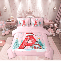 Manfei Initial A Letter Twin Bedding Sets 7-Piece for Kids, Kawaii Winter Snowman Bedding Comforter Set, Merry Christmas Reversible Sheet Sets, Breathable Home Decor