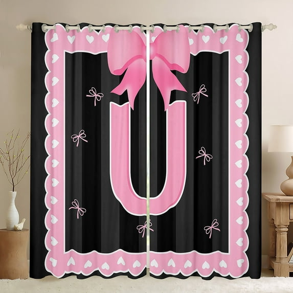 Manfei Initial Letter U Curtains and Drapes (52x63),Cute Bowtie Blackout Curtains for Bedroom,Pink Black Curtains Pack of 2 (52x63) For Girls,Breathable Bedroom Decoration