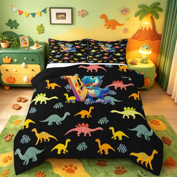 Manfei Initial Letter V Bedding Comforter Set,Cute Dinosaur Twin Comforter Sets,Pink Black Bedding Set For Boys,Breathable Bedroom Decoration Reversible,2pcs