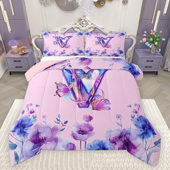 Manfei Initial Letter V Full Size Comforter Sets,Vintage Floral Butterfly Bedding Comforter Set,Pink Purple Bedding Sets For Kids,Breathable Bedroom Decoration Reversible,3pcs