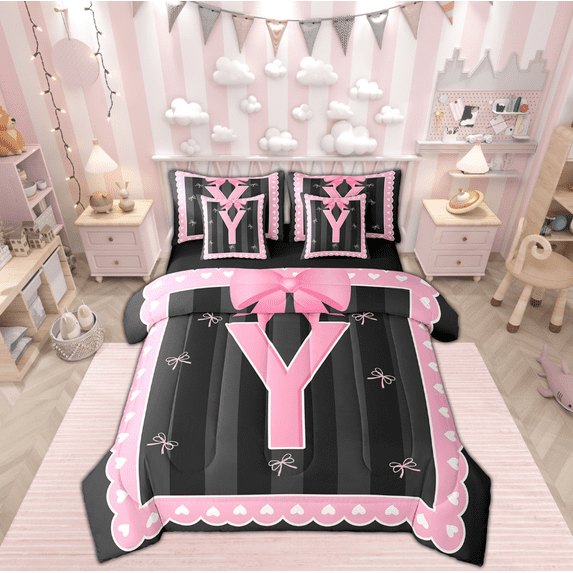 Manfei Initial Letter Y Bedding King Size,Cute Bowtie Comforter Sets with Sheets,Pink Black Bedding Sets King Size For Girls,Breathable Bedroom Decoration Reversible,7pcs