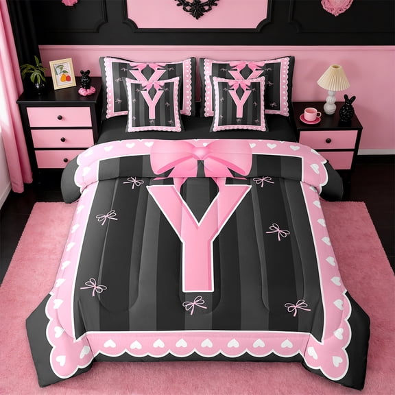 Manfei Initial Letter Y Bedding Twin Size,Cute Bowtie Comforter Sets with Sheets,Pink Black Bedding Sets Twin Size For Girls,Breathable Bedroom Decoration Reversible,7pcs