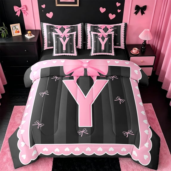Manfei Initial Letter Y Bedding Twin Size,Cute Bowtie Comforter Sets with Sheets,Pink Black Bedding Sets Twin Size For Girls,Breathable Bedroom Decoration Reversible,7pcs