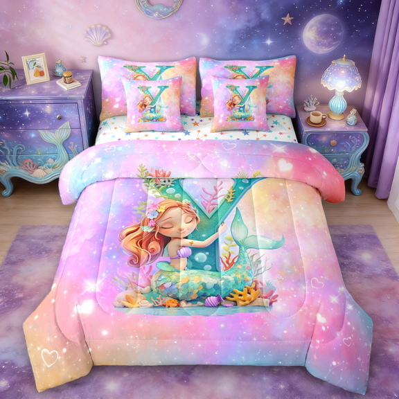 Manfei Initial Letter Y Twin Bedding Sets 7-Piece,Cartoon Animal Mermaid Bedding Comforter Set,Pink Starry Sky Sheet Sets For Girl,Breathable Bedroom Decoration Reversible