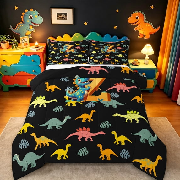 Manfei Initial Letter Z Bedding Comforter Set,Cute Dinosaur Twin Comforter Sets,Pink Black Bedding Set For Boys,Breathable Bedroom Decoration Reversible,2-Piece