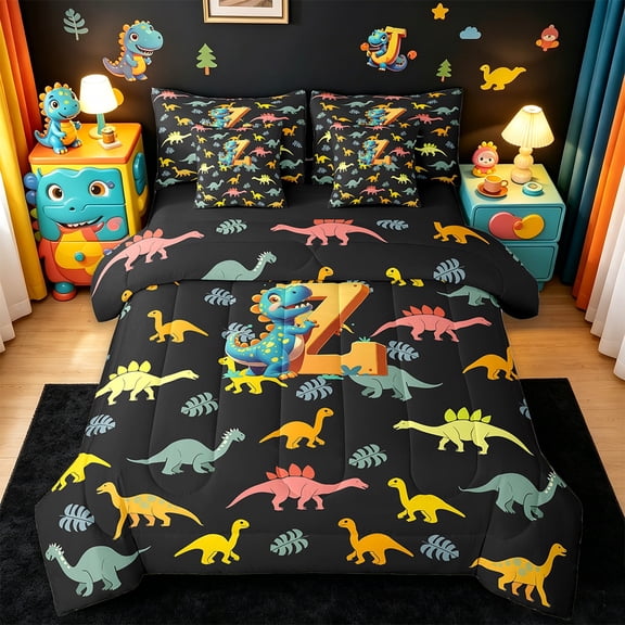 Manfei Initial Letter Z Twin Bedding Sets 7-Piece,Cute Dinosaur Bedding Comforter Set 7-Piece,Pink Black Sheet Sets For Boys,Breathable Bedroom Decoration Reversible