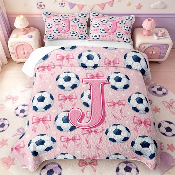 Manfei Initial Lettering J Bed Spread Queen,Pink Dreamy Bowtie Queen Coverlet Set,3pcs,1 Quilt and 2 Pillowcases