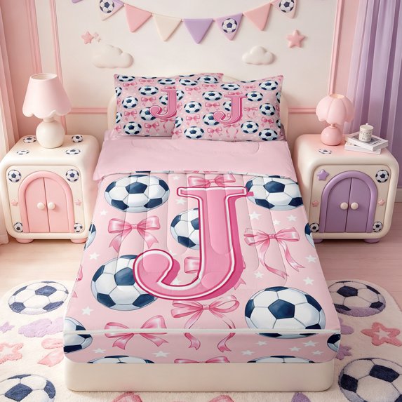 Manfei Initial Lettering J Zipper Full Size Comforter Sets with Fitted Sheet and 2 Pillowcases,Pink Dreamy Bowtie Zipper Bedding Set,Pink Reversible,4 Pieces