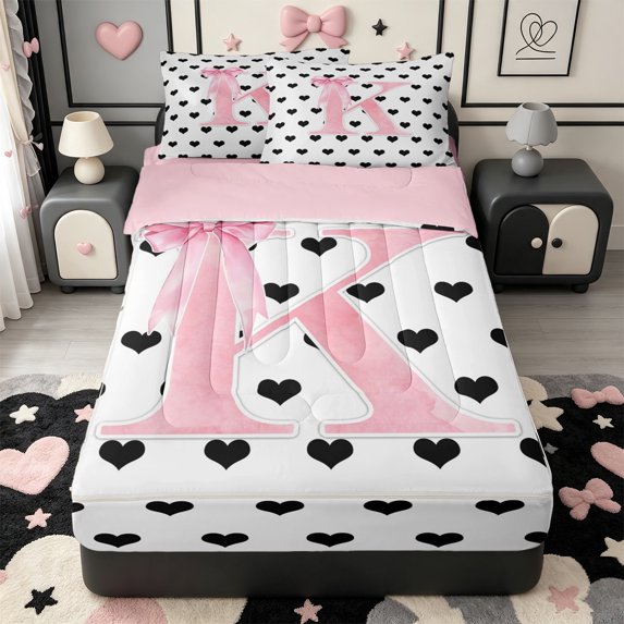 Manfei Initial Lettering K Zipper Twin Comforter Sets with Fitted Sheet and 2 Pillowcases,Dreamy Princess Bows Zipper Bedding Set,Pink Reversible,4pcs