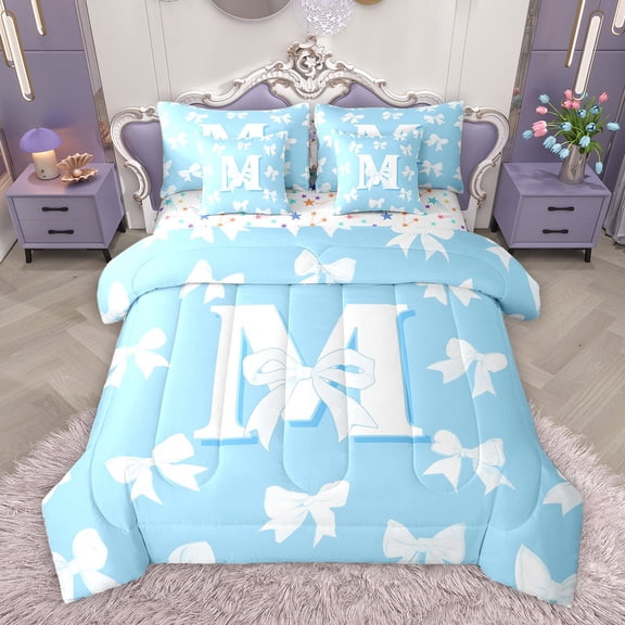 Homewish Initial M Letter Bedding Comforter Set 7pcs for Kids, White Blue Bowknot Queen Bedding Sets, Cartoon Kawaii Monogrammed Reversible Queen Sheet Sets, Lightweight Room Decor