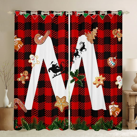 Manfei Initial M Letter Black Out Curtains for Kids, Black Red Buffalo Curtains Pack of 2 (42x63 Each), Merry Christmas Bedroom Curtains, Curtains Blackout Home Decor