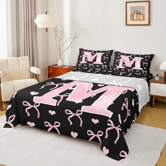 Feelyou Initial M Letter Full Size Sheets, Kawaii Ribbon Bow Bed Sheets, Love Heart Sheet Sets, Super Cozy Room Decoration, 4pcs