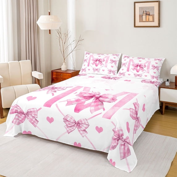 Homewish Initial M Letter Queen Sheet Sets for Girls, Pink Watercolor Bowknot Flat Sheet, Cartoon Love Heart Queen Fitted Sheet, Luxury Bedroom Decor, 4-Piece