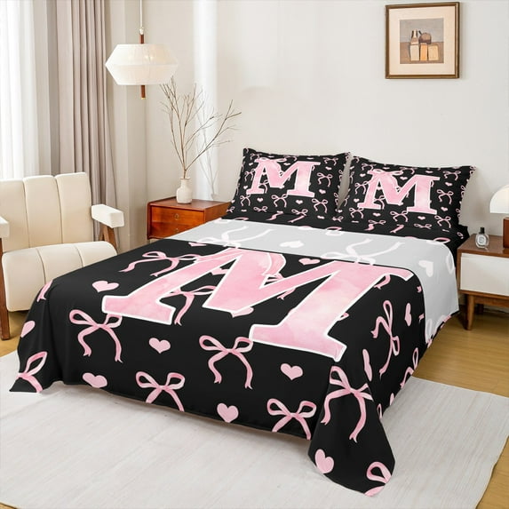 Feelyou Initial M Letter Twin Sheet Sets, Kawaii Ribbon Bow Twin Fitted Sheet, Love Heart Flat Sheet, Super Cozy Room Decoration, 3pcs