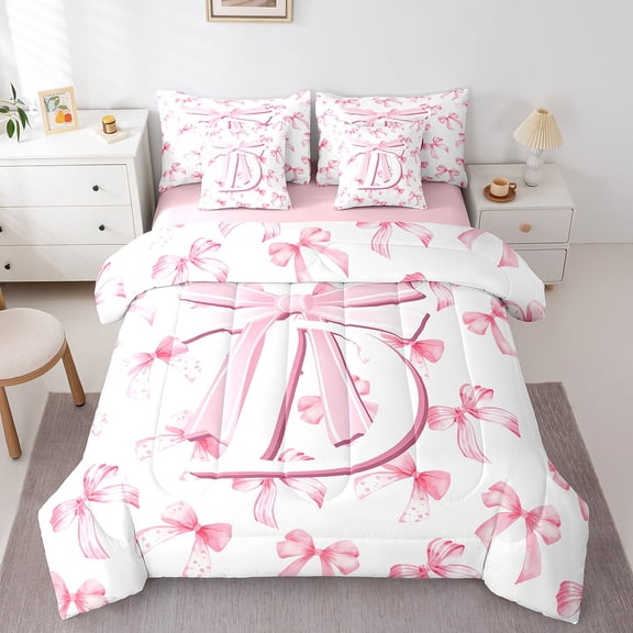 Manfei Initial Monogrammed 7-Piece Full Bedding Set,Bow Bowknot,Super Cozy Alphabet Decor