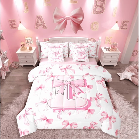 Manfei Initial Monogrammed 7-Piece Twin Bedding Set,Bow Bowknot,Super Cozy Alphabet Decor