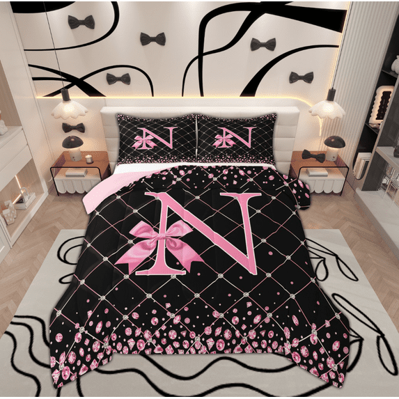 Manfei Initial N Letter Bedding Comforter Set for Girls, Cartoon Stripes Bow-tie Twin Comforter Sets, Princess Bow Reversible Bedding Set, Breathable Home Decor, 2 Pieces