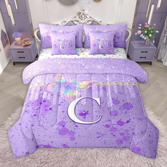 Manfei Initial Ombre Butterfly C 7-Piece Bedding Comforter Set for Female Men Women,Purple Bling Glitter King Bedding Sets,Dreamy Princess Ultra Soft Bed Sheets,Microfiber Bedroom Decor