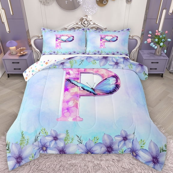 Manfei Initial P Letter Full Size Comforter Sets for Teens, Magic Butterfly Animal Bedding Comforter Set, Cartoon Dreamy Floral Reversible Bedding Sets, Lightweight Room Decor, 3 Pieces