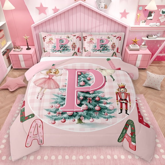 Homewish Initial P Letter Queen Comforter Set for Kids, Cartoon Princess Elf Bedding Sets, Pink Xmas Buffalo Plaid Reversible Bedding Comforter Set, Breathable Home Decor, 3 Pieces
